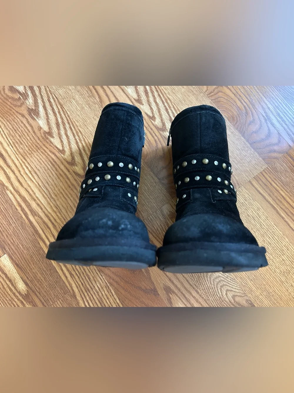 UGG black suede, shearling fur, studded, mid-calf boots